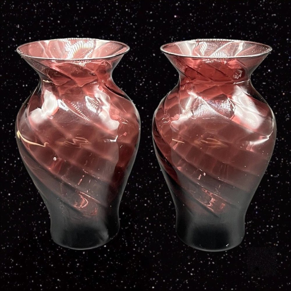 Vintage Art Glass Vase Set Purple Amethyst Optic Illusion Swirl Bud Vases 4”T 2”